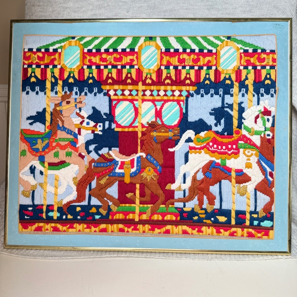 Vintage 1984 Carousel Needlepoint Framed Wall Art Handmade Horse Decor 22x18